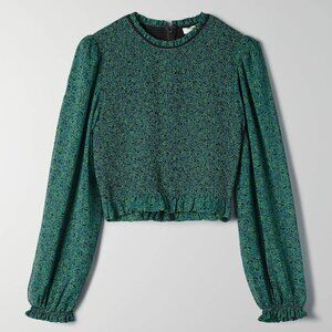 ARITZIA WILFRED Lilith Tempest Floral Roses Green Smocked Sheer Blouse Size XS